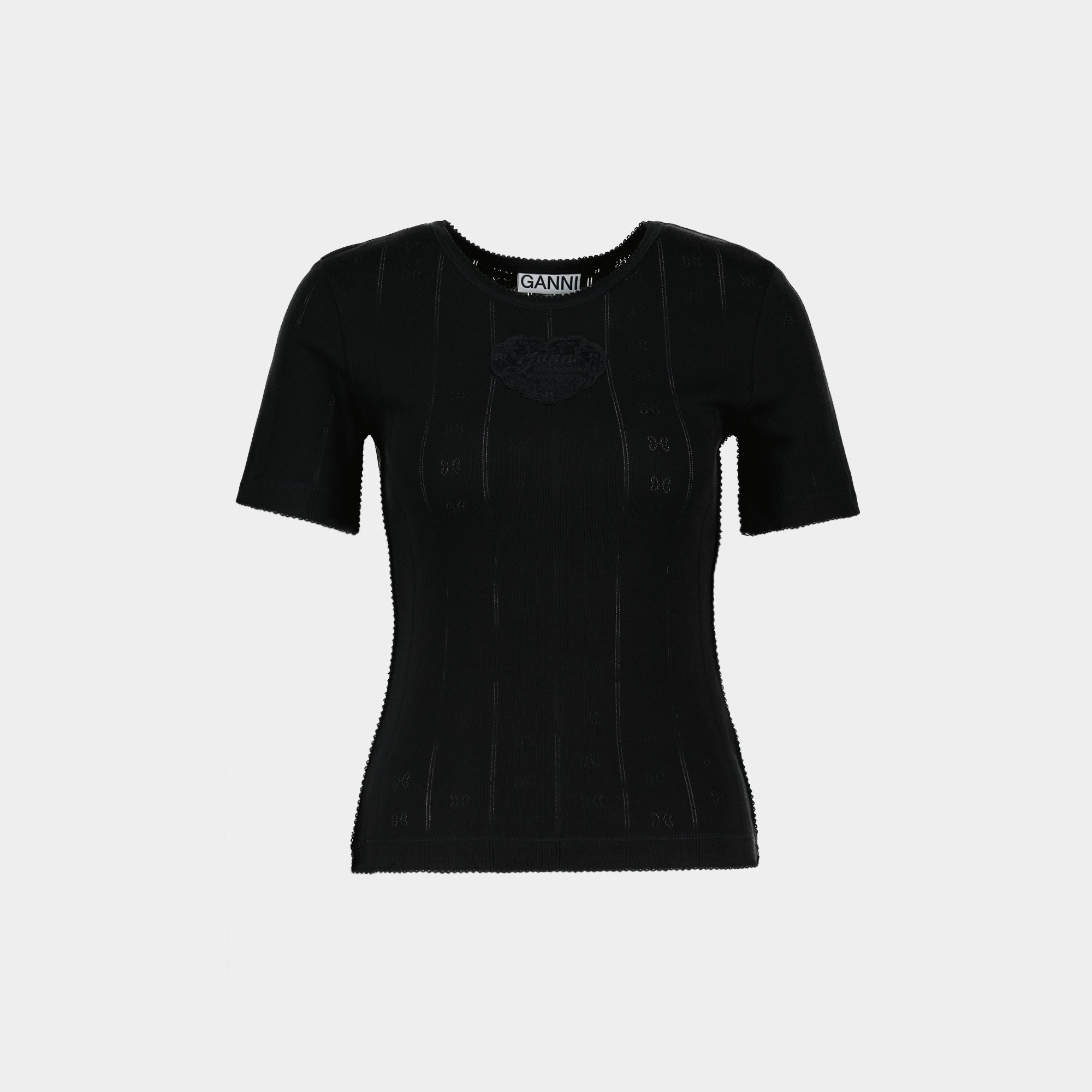 Compact Pointelle Rib B T-Shirt - Ganni - Cotton - Black