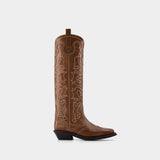 Embroidered Western Boots - Ganni - Leather - Brown