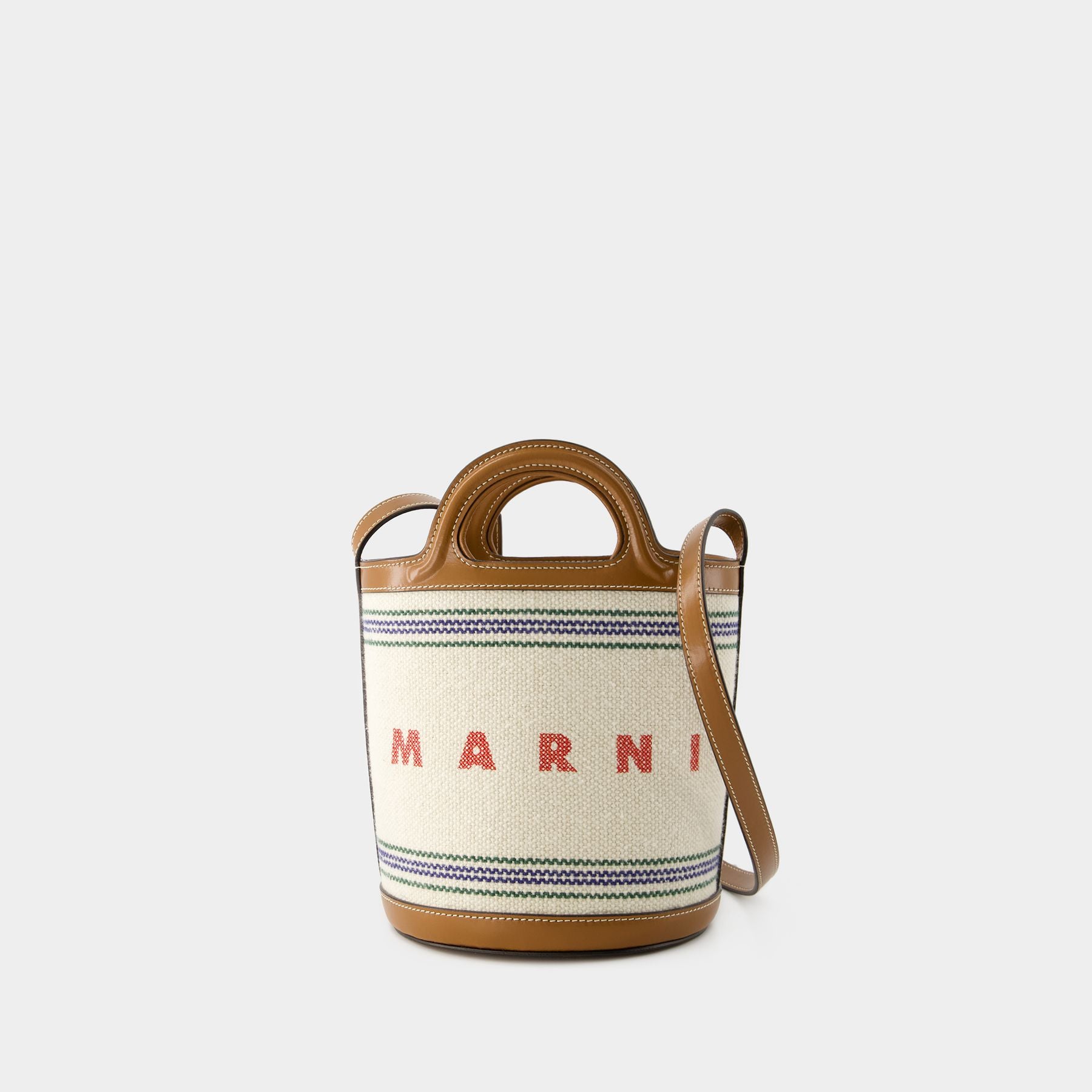 マルニ Marni Tropicalia Mini Bucket Handbag Tropicalia Small Bucket Bag in brown leather and raffia