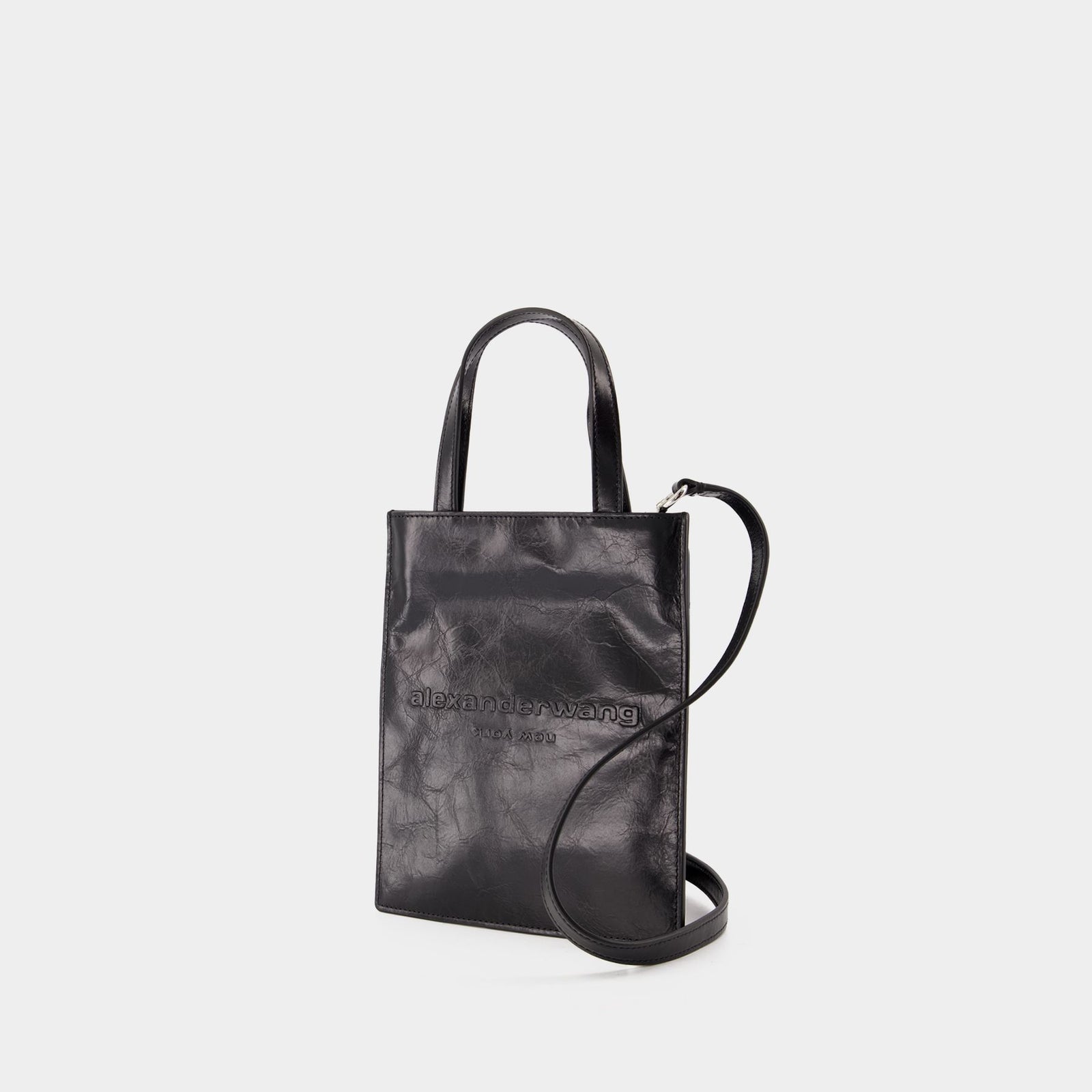 Alexander wang レザーショルダーバッグ Alexander Wang Crossbody Mini Prisma Black Leather Satchel Silver