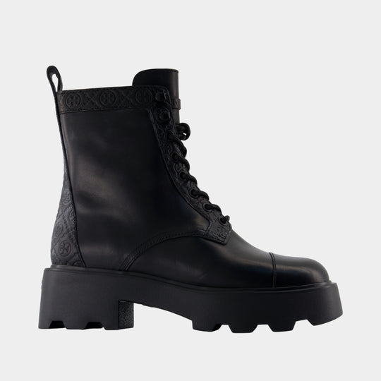 T-Monogram Lug Ankle Boots - Tory Burch - Leather - Black