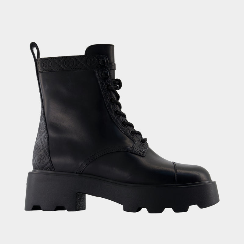 T-Monogram Lug Ankle Boots - Tory Burch - Leather - Black