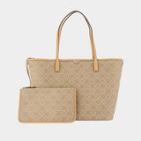 T-Monogram Zip Shopper Bag - Tory Burch - Leather - Beige
