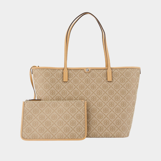 T-Monogram Zip Shopper Bag - Tory Burch - Leather - Beige