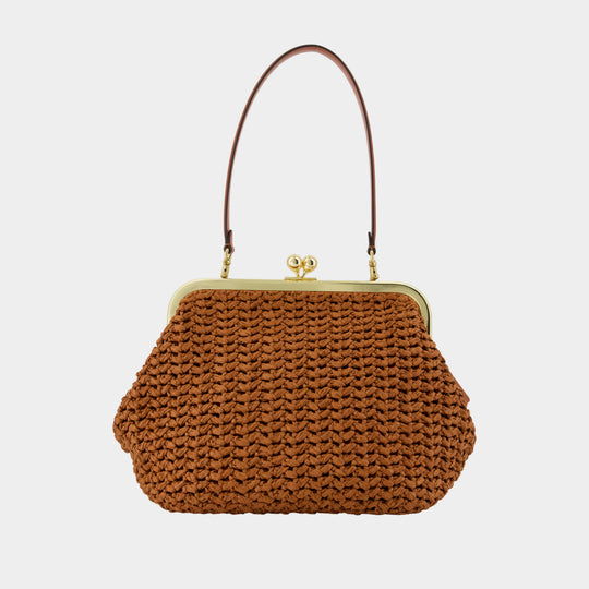 Large Weave Straw Kisslock 27 Clutch - Coach - Leather - Brown