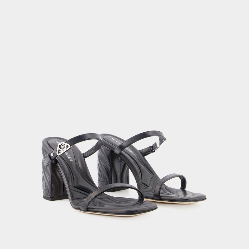 Seal Heeled Sandals - Alexander McQueen - Leather - Black/Argenté