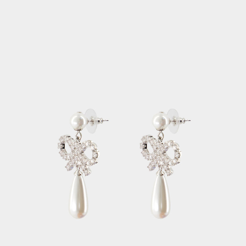 Pearl Bow Droplet Earrings - SELF PORTRAIT - Silver - White