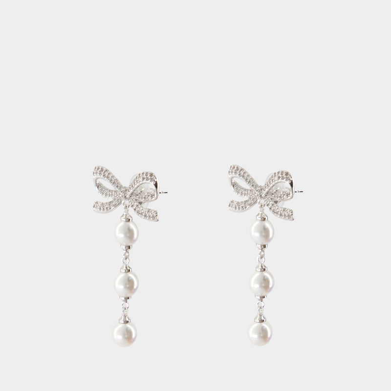 Bow Tiered Pearl Earrings - SELF PORTRAIT - Silver - White