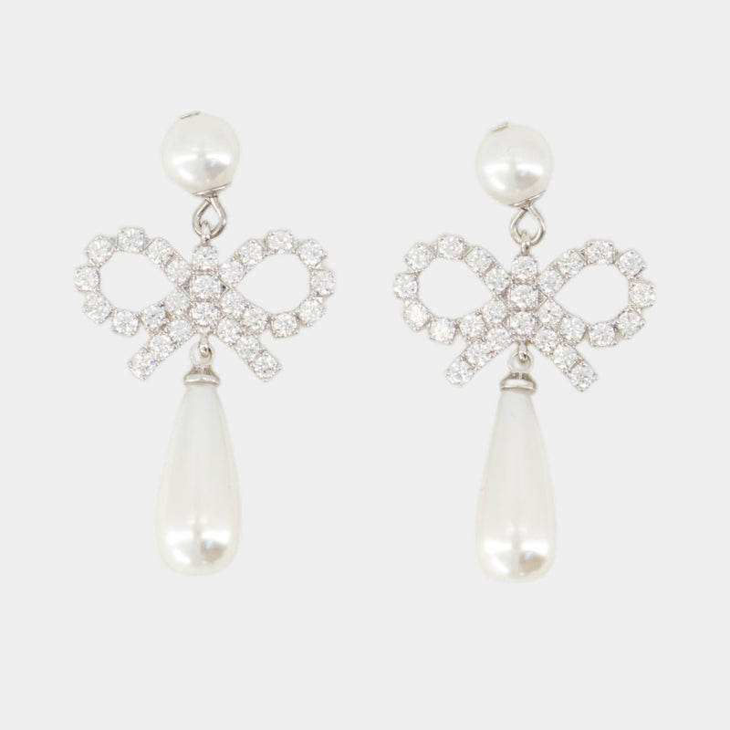 Pearl Bow Droplet Earrings - SELF PORTRAIT - Silver - White