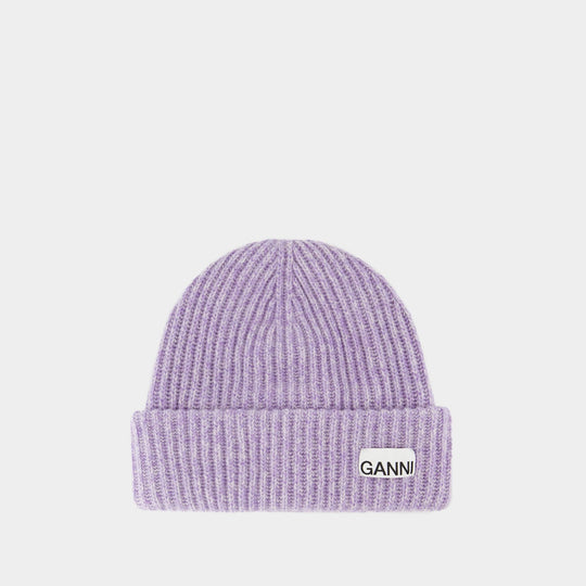 Rib Beanie - Ganni - Wool - Purple