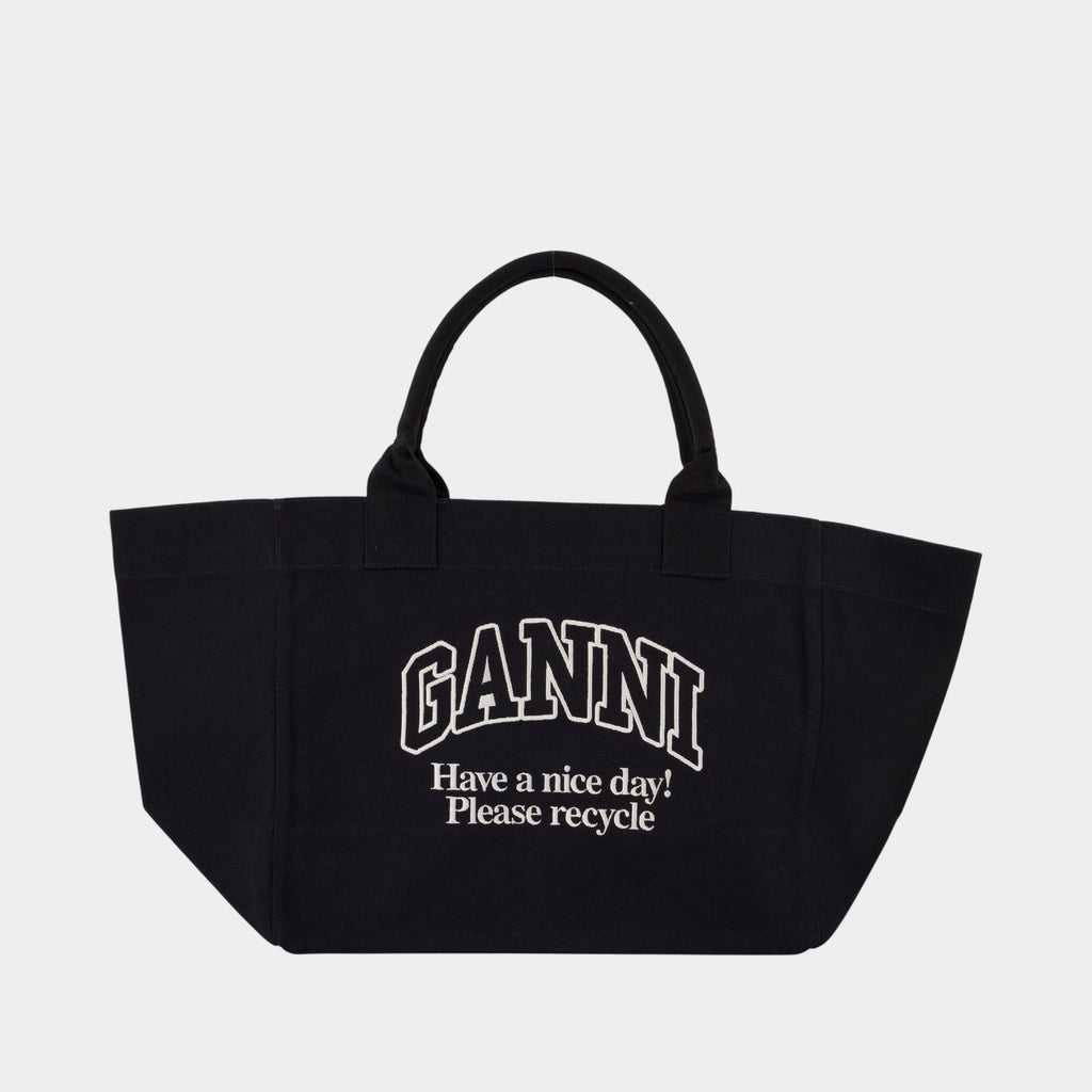 【関税込み】Xxl Logo Shopper Bag - Ganni - Cotton - Black Phantom Black XXL Canvas Tote Bag | GANNI US