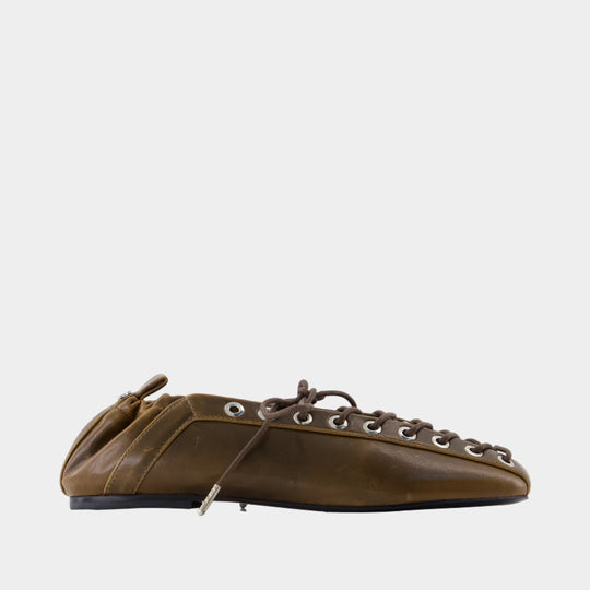 Eyelets Lace Up Crinkle Ballerinas - Ganni - Synthetic - Green