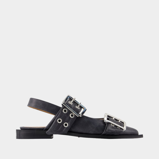 Feminine Buckle Vintage Ballerinas - Ganni - Leather - Grey
