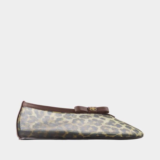 Jenny Printed Mesh Bow Ballerinas - Ganni - Nylon - Ivory