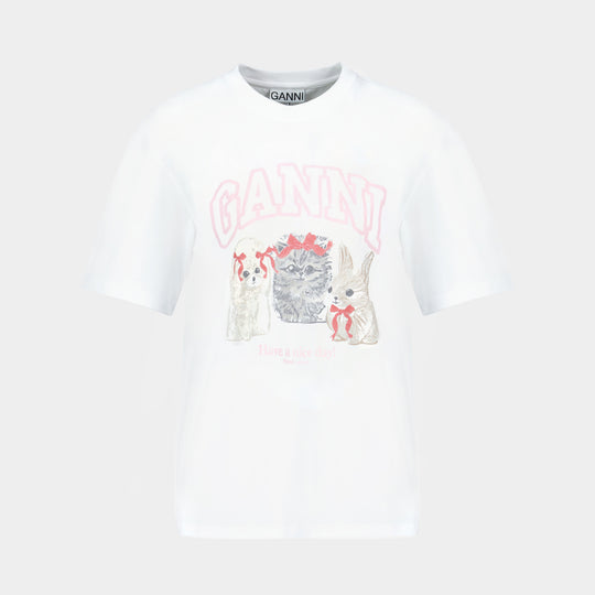 Basic Cotton Jersey Cute Animals T-Shirt - Ganni - Cotton - White