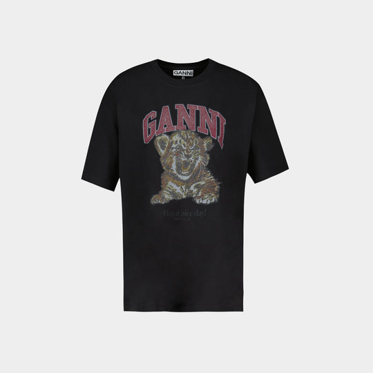 Heavy Cotton Jersey Tiger Caviar T-Shirt - Ganni - Cotton - Black