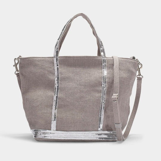 Petit Cabas Tote in Grey Linen and Sequins