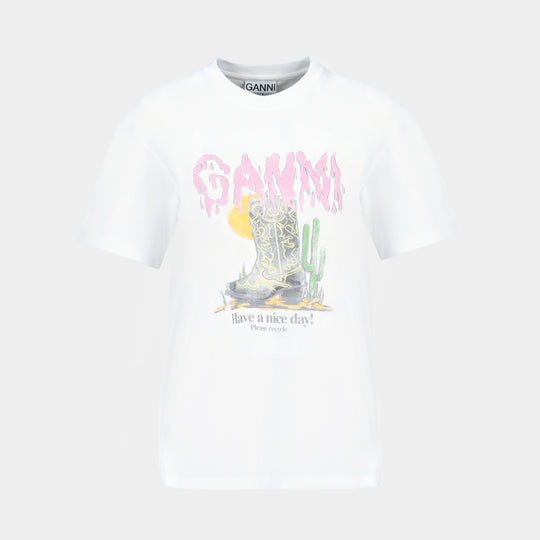 Basic Cotton Jersey T-Shirt Boots Print - Ganni - Cotton - White