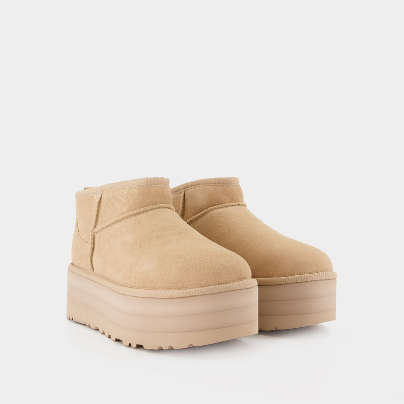 Classic Ultra Mini Platform Ankle Boots Ugg Beige Leather