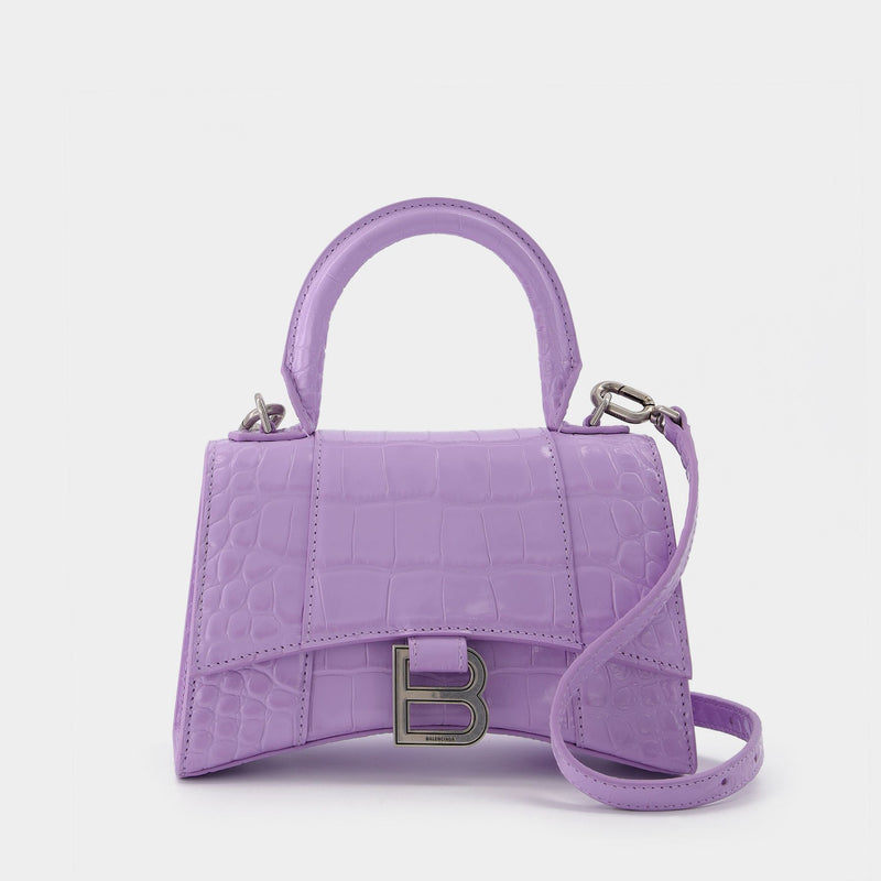 Hourglass Top Handle Bag XS in Embossed Leather Crocodile Lilas