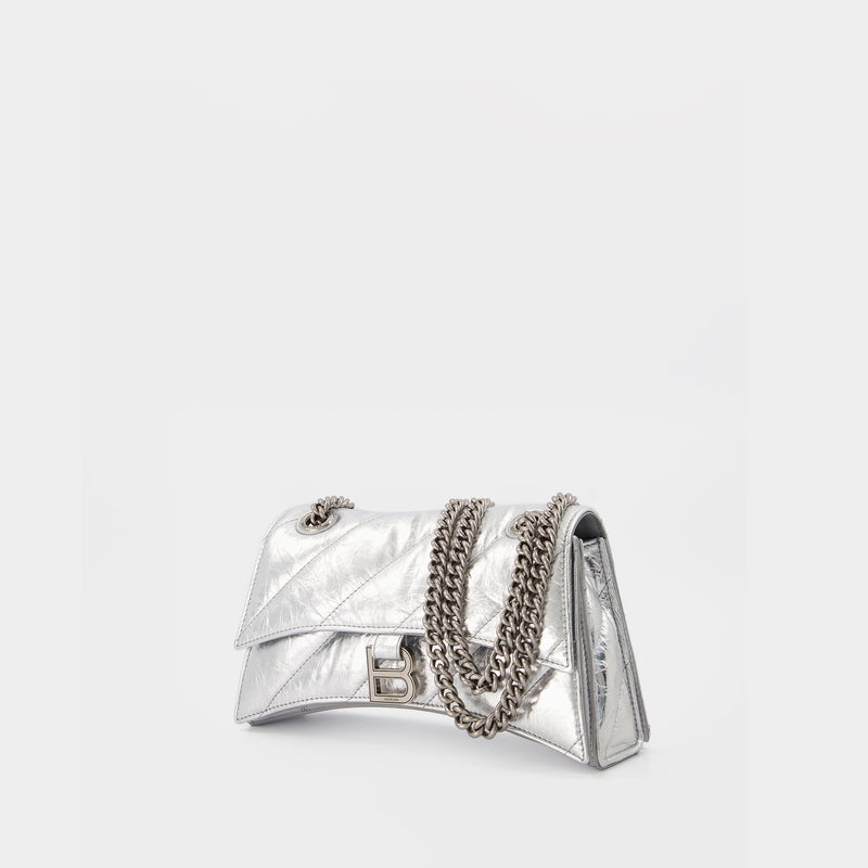 Crush Bag With Chain in Metallic Silver Leather