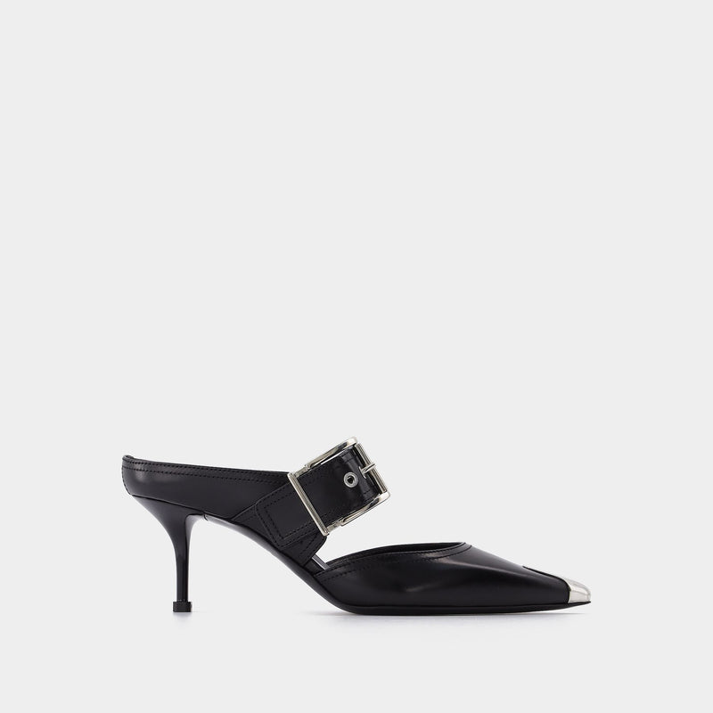 Black Boxcar Leather Pumps With Silver Hardware