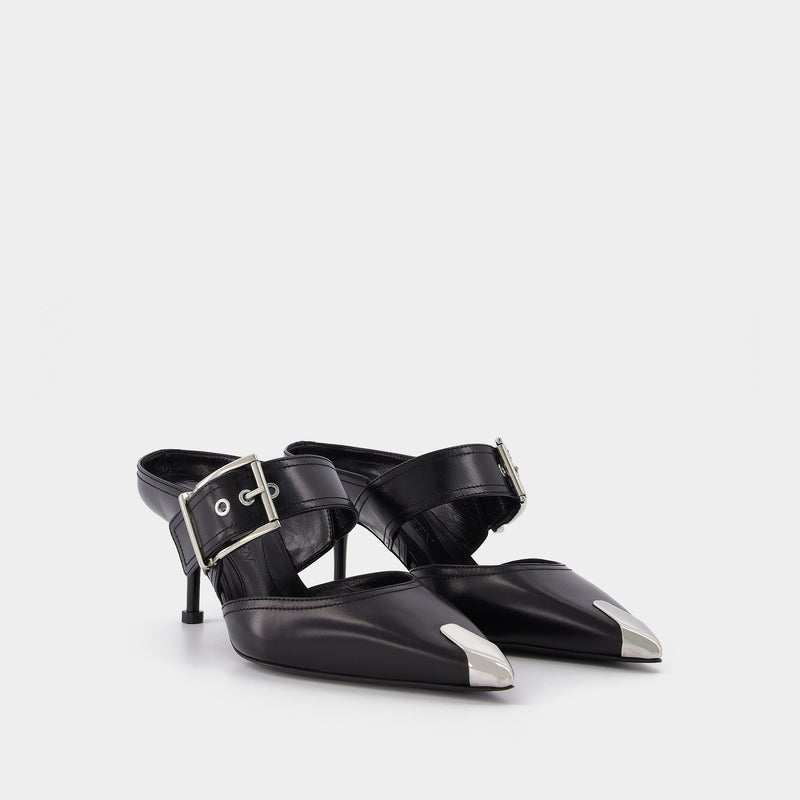 Black Boxcar Leather Pumps With Silver Hardware