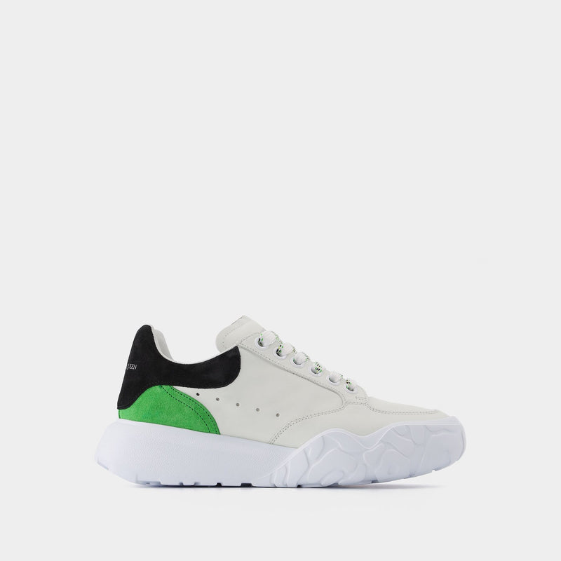 New Court Sneaker in White/Black/Green Leather