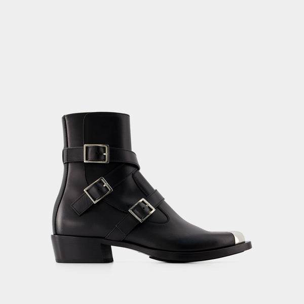 ブーツその他 Mcqueen Buckle Ankle Boots Alexander McQueen Triple Buckle Black Platform Leather Ankle