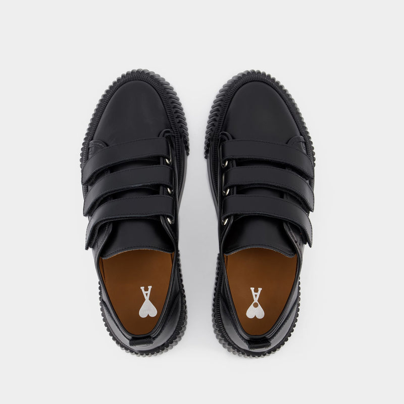 Low-Top Velcro Sneakers in Black Leather