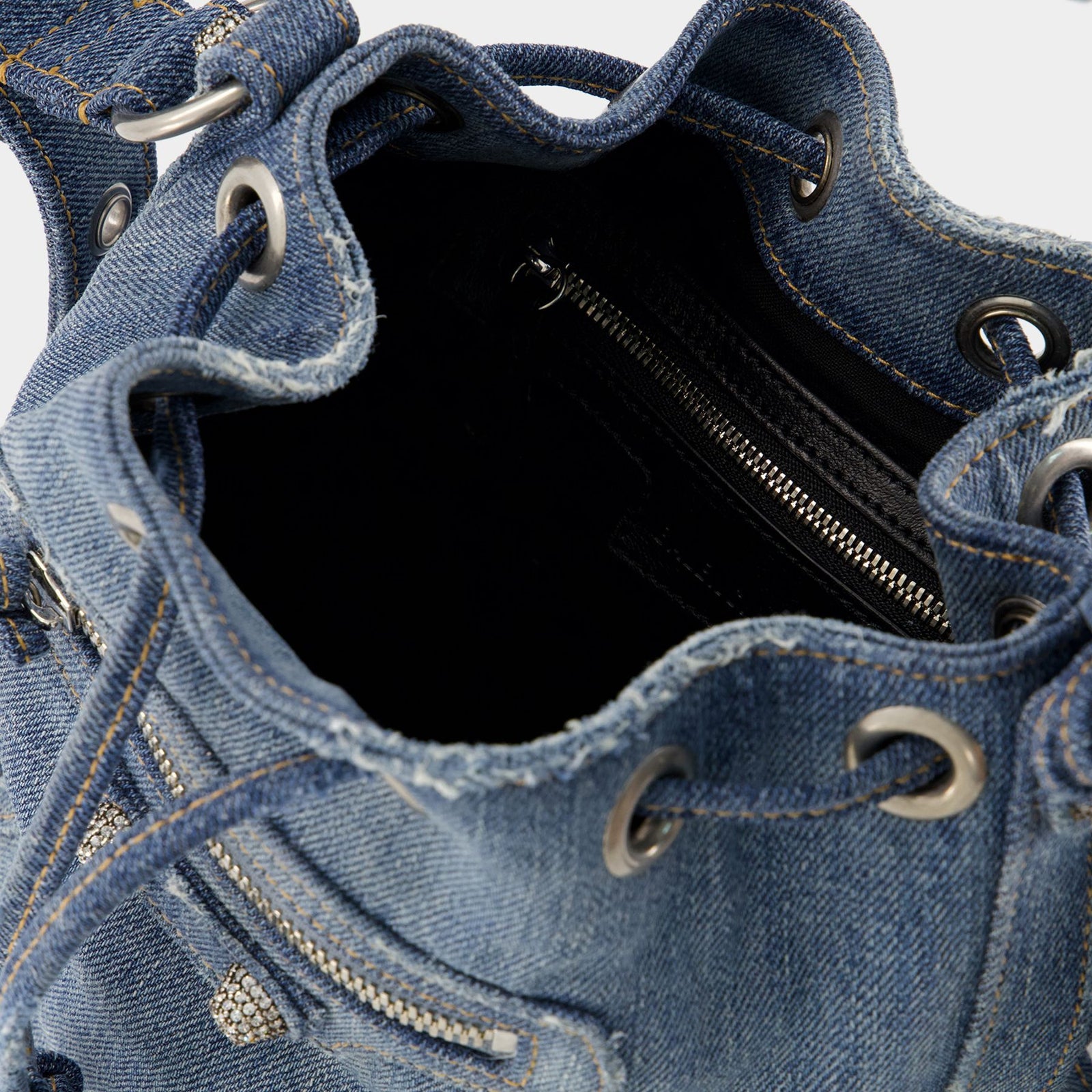 【BALENCIAGA】LE CAGOLE DENIM XS BUCKET BAG Balenciaga Blue Distressed Denim Crystal Le Cagole XS Bucket