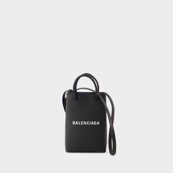 本日限定BALENCIAGA Shopping Phone Holder Bag BALENCIAGA Leather Phone Holder Shopping Crossbody Bag Black