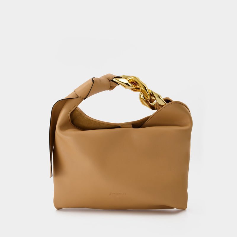 Small Chain Hobo Bag in Beige Leather
