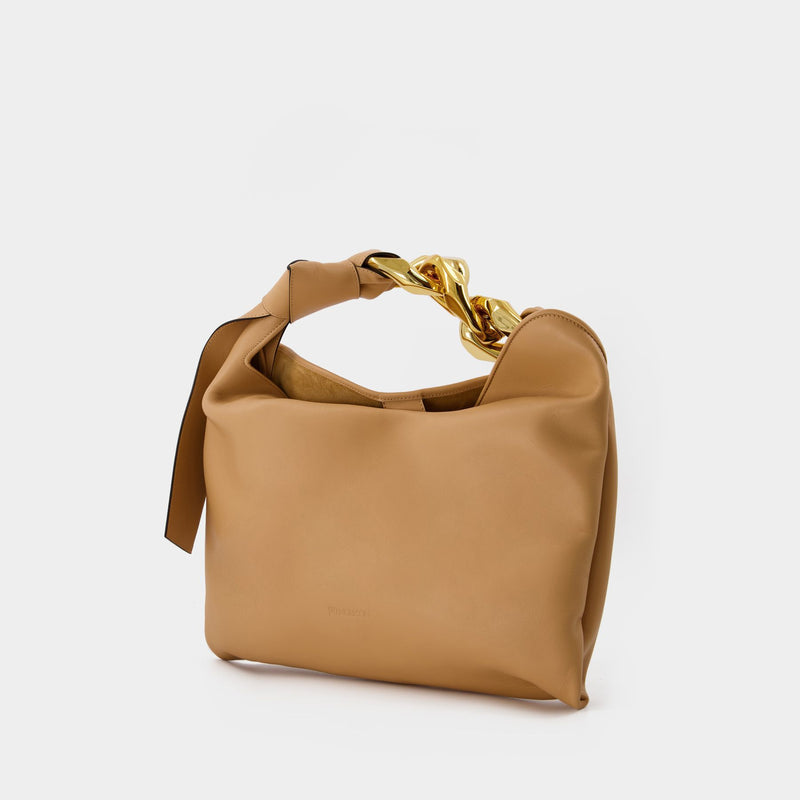 Small Chain Hobo Bag in Beige Leather