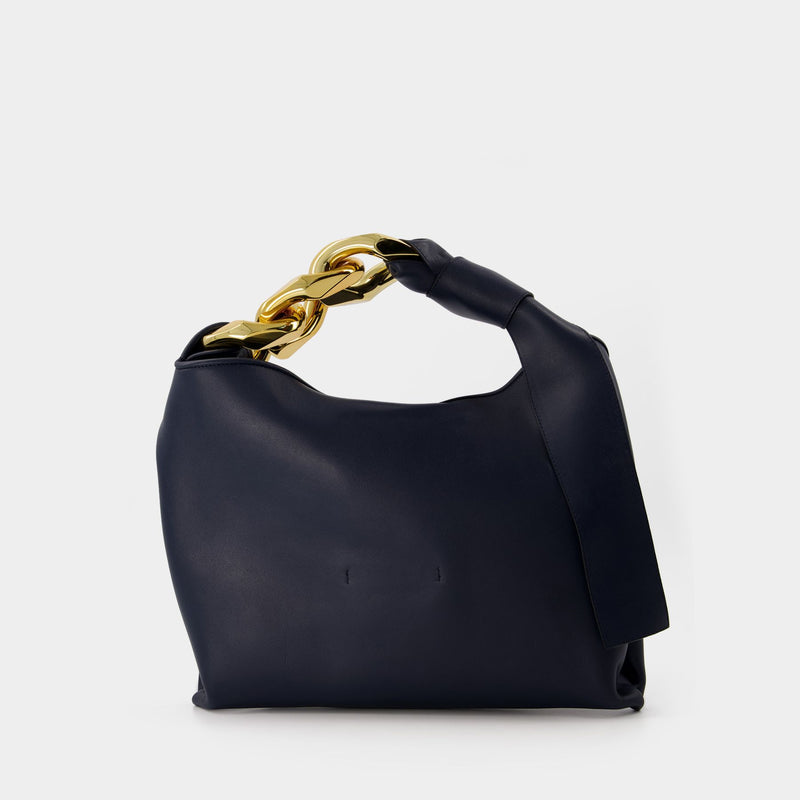 Small Chain Hobo Bag in Blue Leather