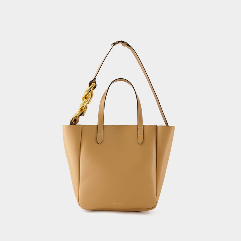 Small Chain Strap Tote Bag in Beige Leather