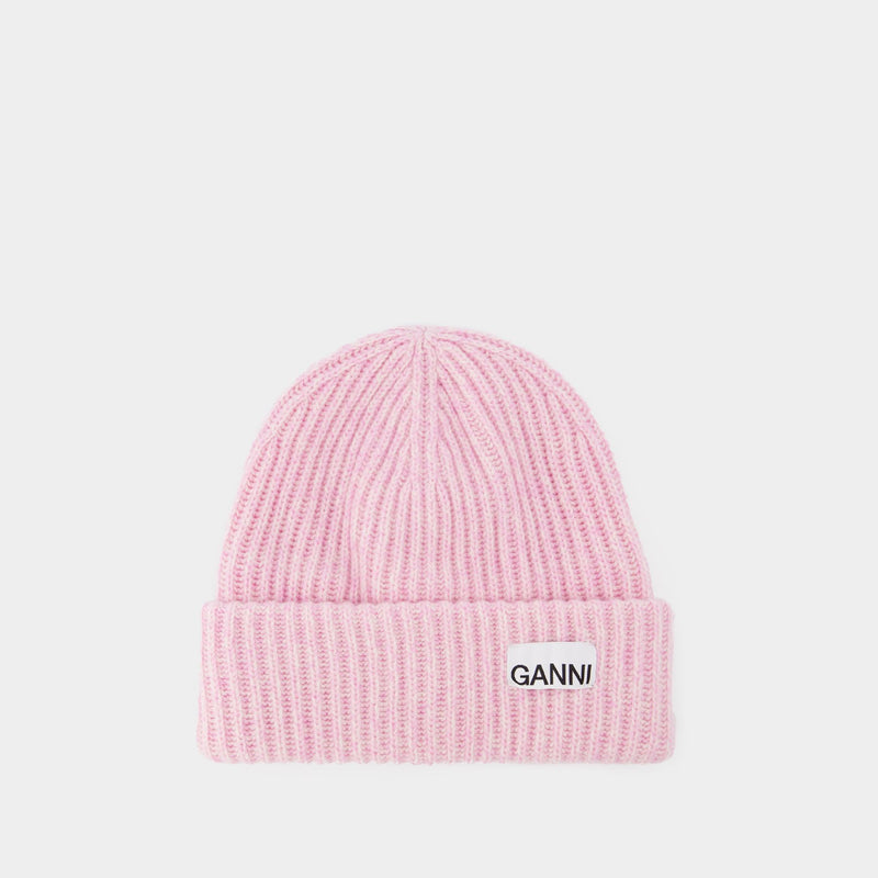 Ribbed Beanie Hat in Pink Recycled Wool/Poly