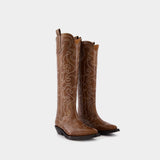 Embroidered Western Boots - Ganni - Leather - Brown
