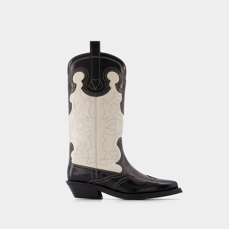 Mid Shaft Embroidered Western Boots in Black Leather