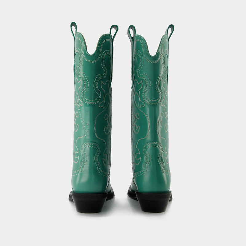 Western Mid Shaft Boots - Ganni - Kelly Green - Leather