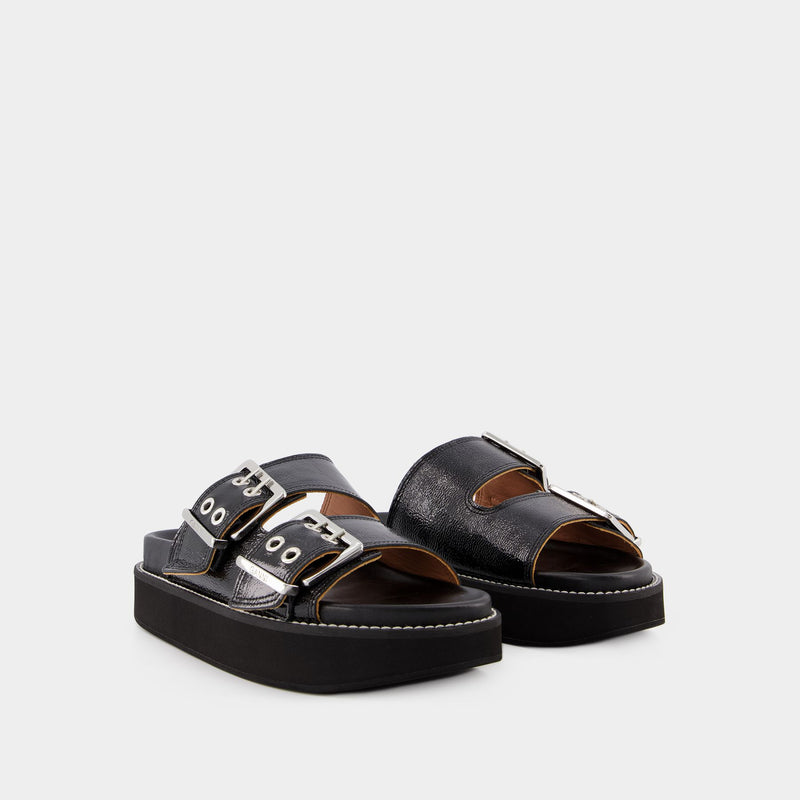 Wide Welt Chunky Sandals - Ganni -  Black - Leather