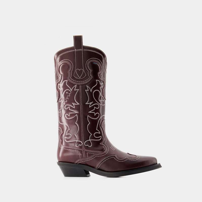 Mid Shaft Boots - Ganni - Leather - Burgundy