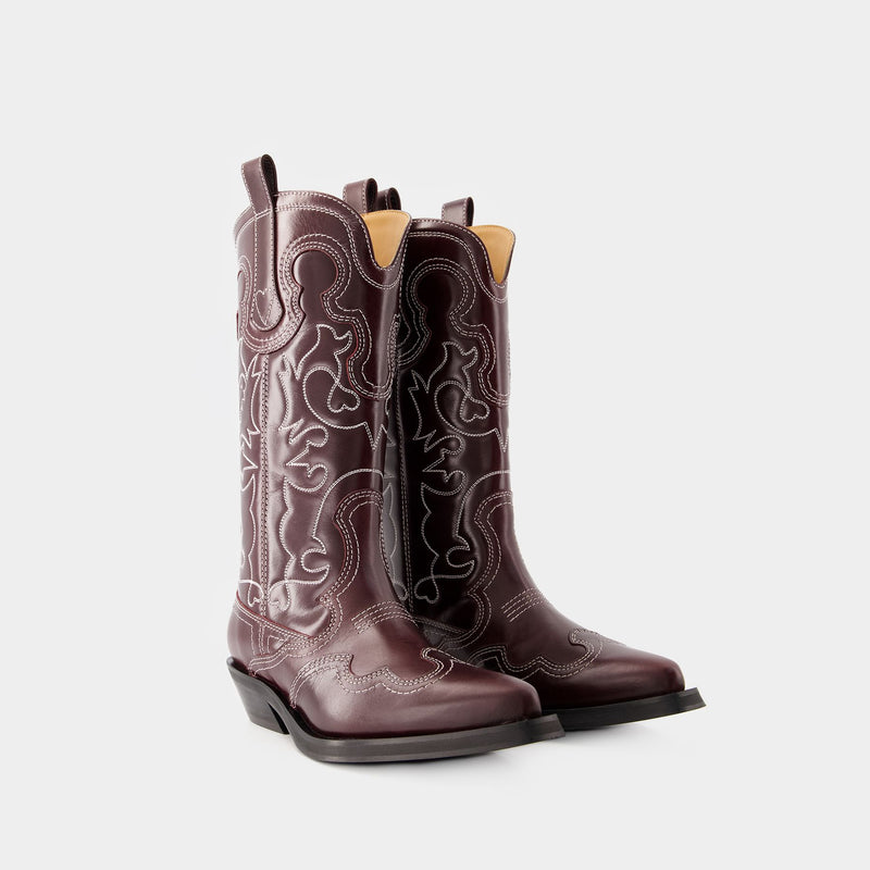 Mid Shaft Boots - Ganni - Leather - Burgundy