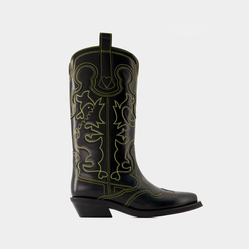 Mid Shaft Western Boots - Ganni - Leather - Black