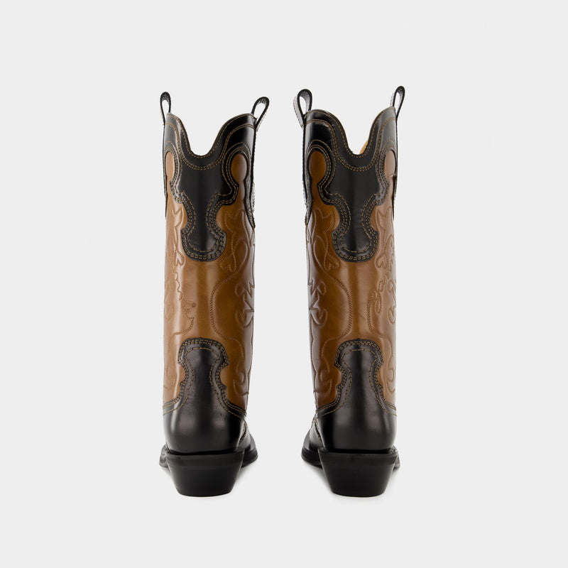 Mid Shaft Western Boots - Ganni - Leather - Black