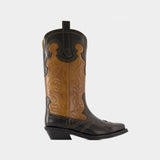 Mid Shaft Western Boots - Ganni - Leather - Black