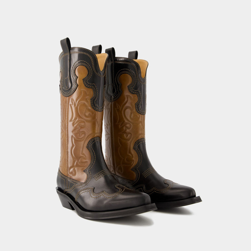 Mid Shaft Western Boots - Ganni - Leather - Black