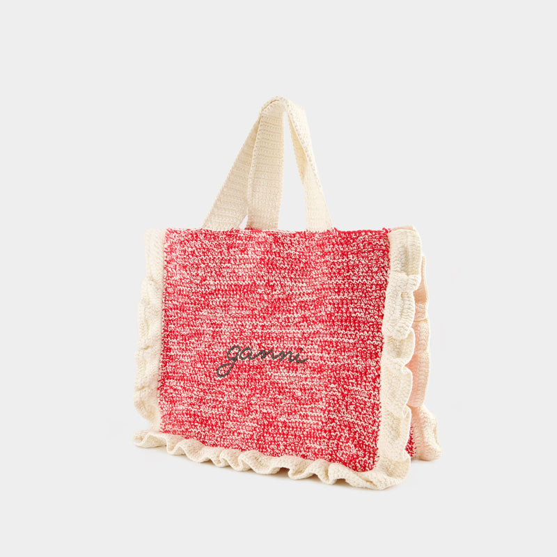 Crochet Frill Shopper Bag - Ganni - Cotton - Pink