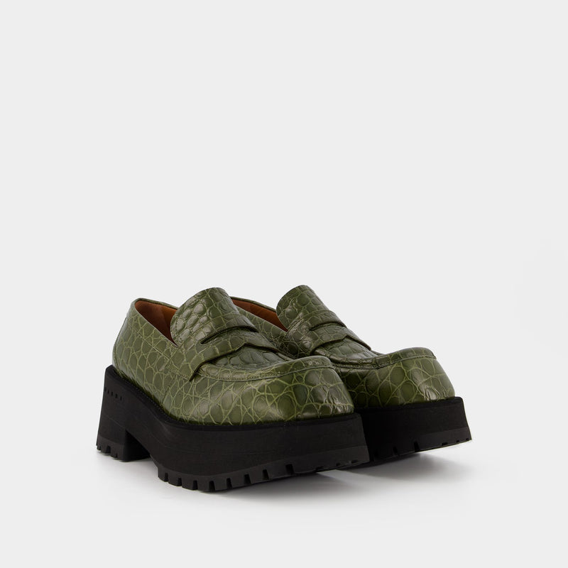 Platform Loafers Croco in Khaki Leather