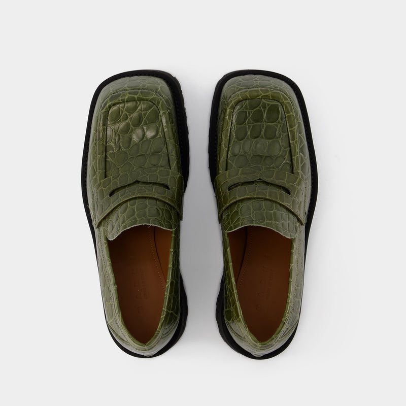 Platform Loafers Croco in Khaki Leather